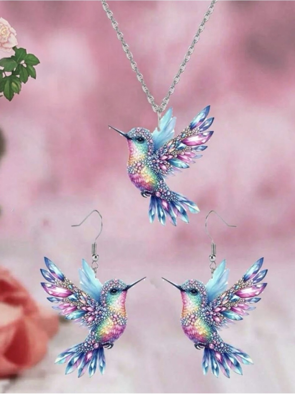 Beginning Boutique Multicolor Hummingbird Necklace and Earring Set